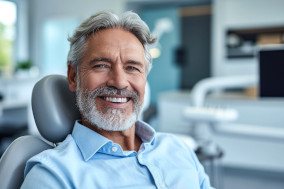 Older man in blue shirt sitting in dentist’s chair